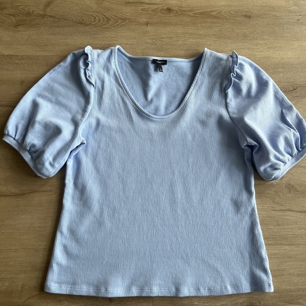 Talbots Puff Sleeve Top Womens SZ L Round Neck Light Purple Blue Cotton